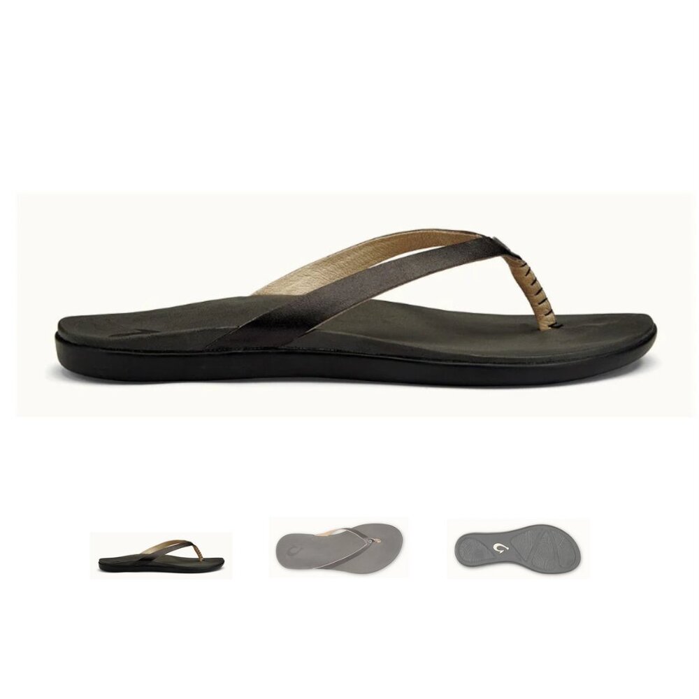 Leather OluKai Ho'Opio Flip Flops in Onyx/Black - Women’s Size 5